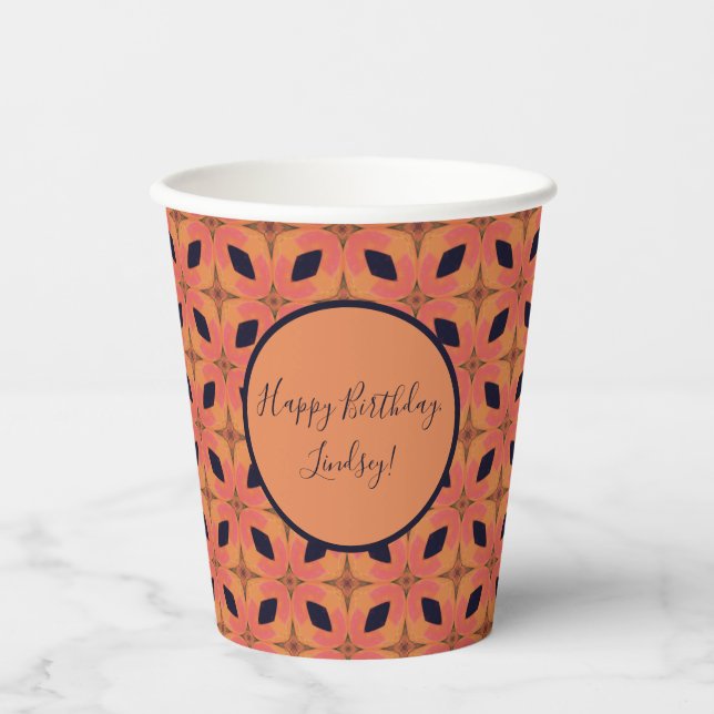 Papaya Orange and Black Retro Tropical Pattern Paper Cups (Front)