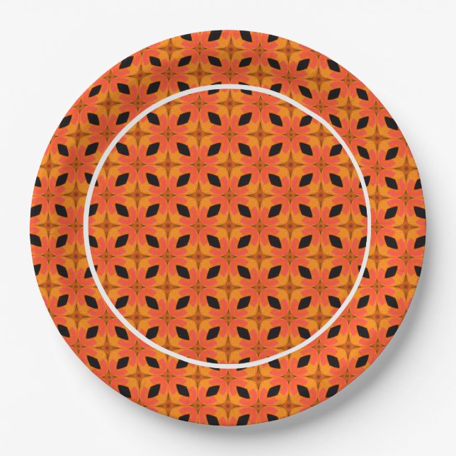 Papaya Orange and Black Tropical Pattern  Paper Plate (Front)