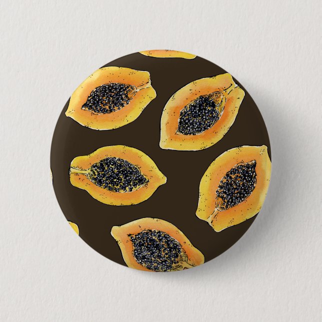 Papaya slices on dark brown 6 cm round badge (Front)