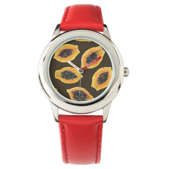 Papaya slices on dark brown watch (Front)
