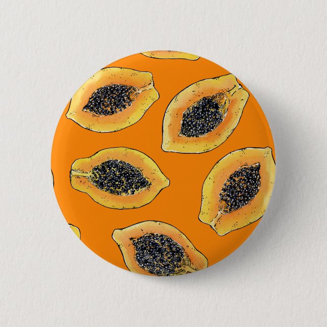 Papaya slices on orange 6 cm round badge (Front)