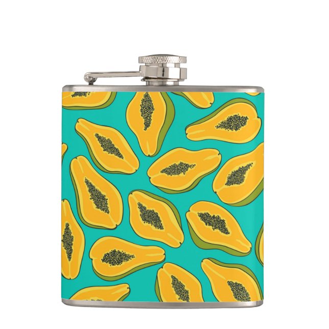 Papaya slices on turquoise hip flask (Front)