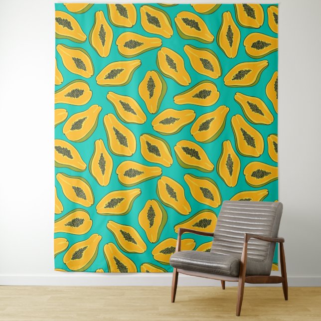 Papaya slices on turquoise tapestry (In Situ)