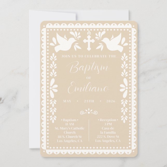 Papel Picado Baptism Invite, Mexican Bautizo Invitation (Front)