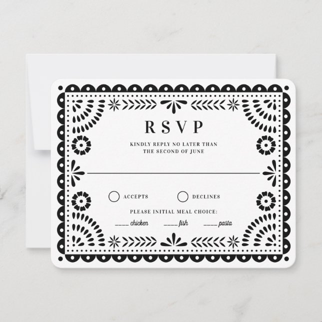 Papel Picado Black White | Wedding Reply RSVP Card (Front)