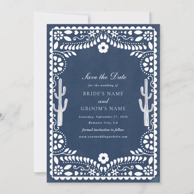 Papel Picado Boda Mexican Rustic Blue Wedding Save The Date (Front)