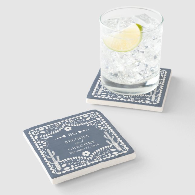 Papel Picado Boda Mexican Rustic Blue Wedding Stone Coaster (Side)