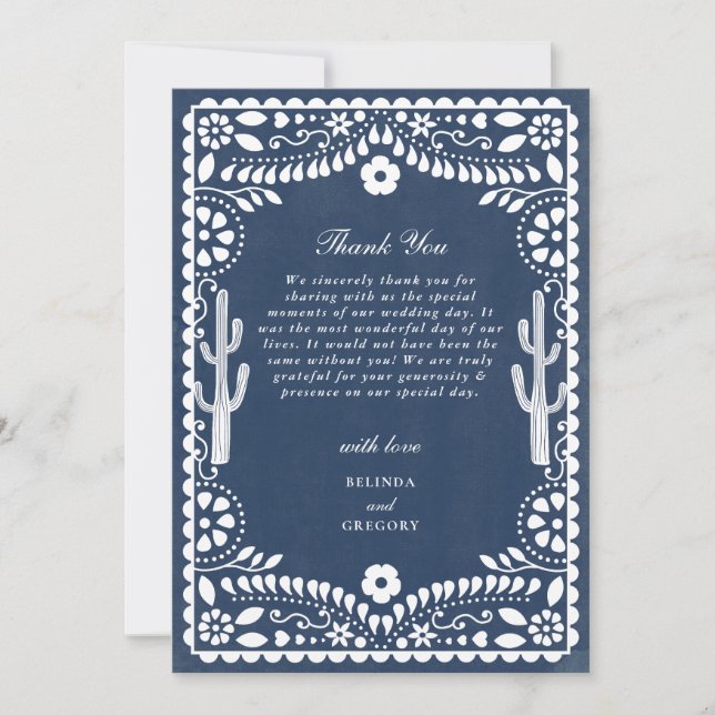 Papel Picado Boda Mexican Rustic Blue Wedding Thank You Card (Front)