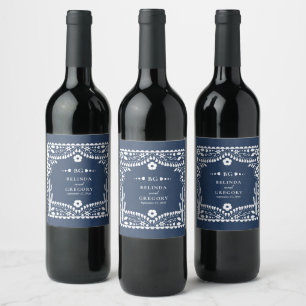 Papel Picado Boda Mexican Rustic Blue Wedding Wine Label