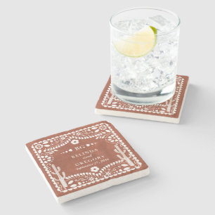 Papel Picado Boda Mexican Terracotta Brown Wedding Stone Coaster