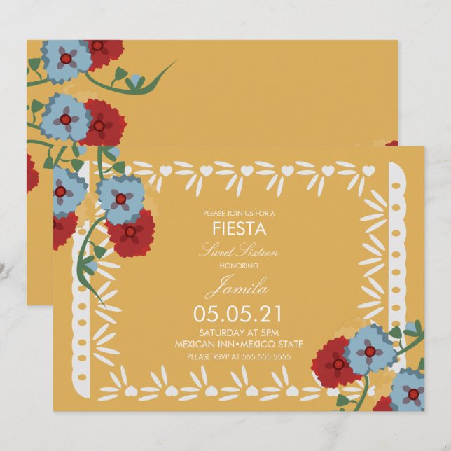 Papel Picado Botanical Fiesta Sweet 16 Mexican Invitation (Front/Back)