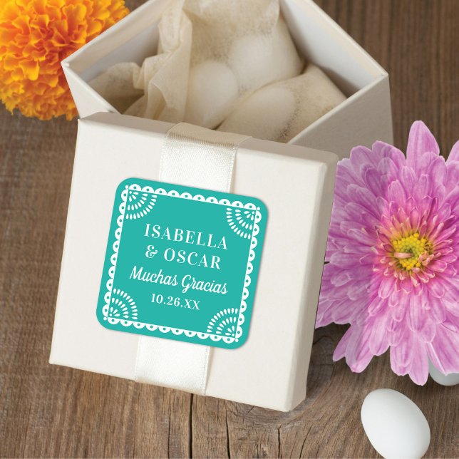 Papel Picado Bright Aqua Wedding Favour Sticker (Creator Uploaded)