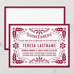 Papel picado burgundy, white Mexican Quinceañera Invitation