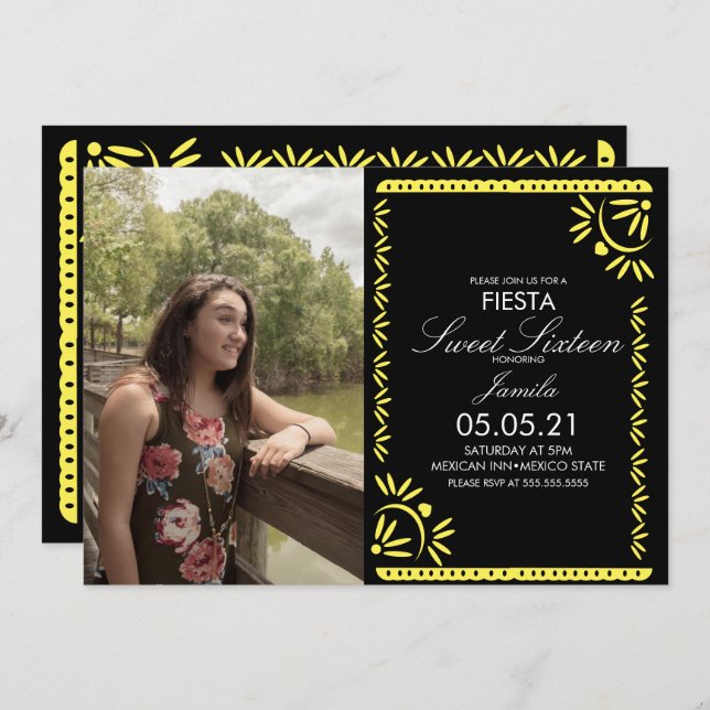 Papel Picado Fiesta Sweet 16 Mexican Yellow Photo Invitation (Front/Back)