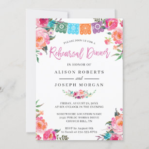 Papel Picado Floral Mexican Style Rehearsal Dinner Invitation