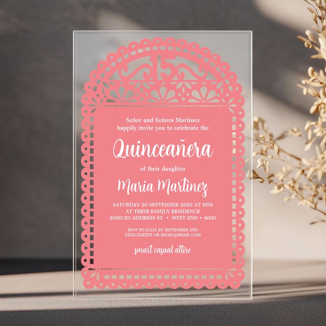 Papel Picado Inspired Pink Quinceanera Birthday Acrylic Invitations (Introducing our simple and elegant Quinceanera invitation, inspired by papel picado art.)