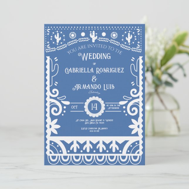 Papel Picado Light Blue & White Wedding Invitation (Standing Front)