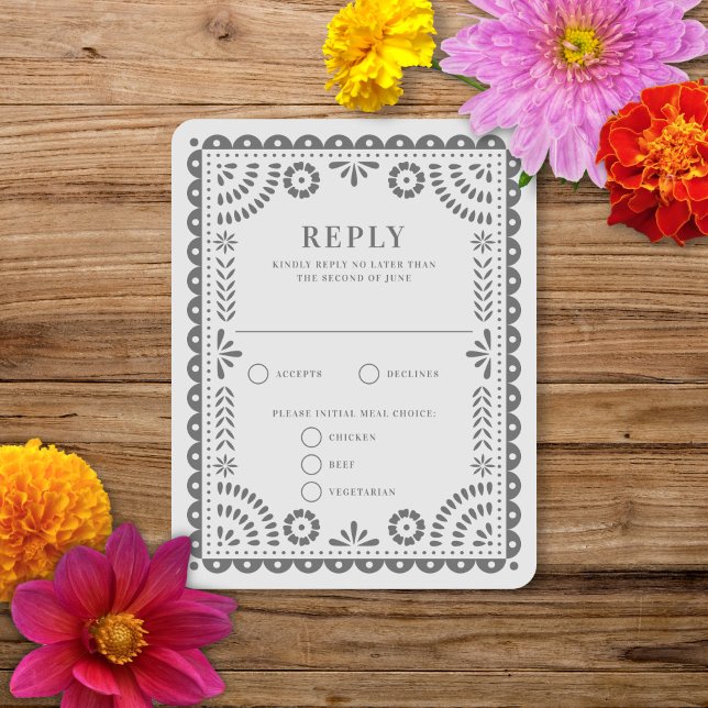 Papel Picado Light Grey | Wedding Reply RSVP Card (Creator Uploaded)