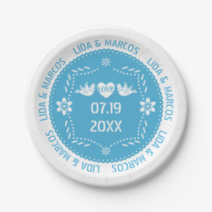 Papel picado love birds blue Mexican wedding Paper Plate
