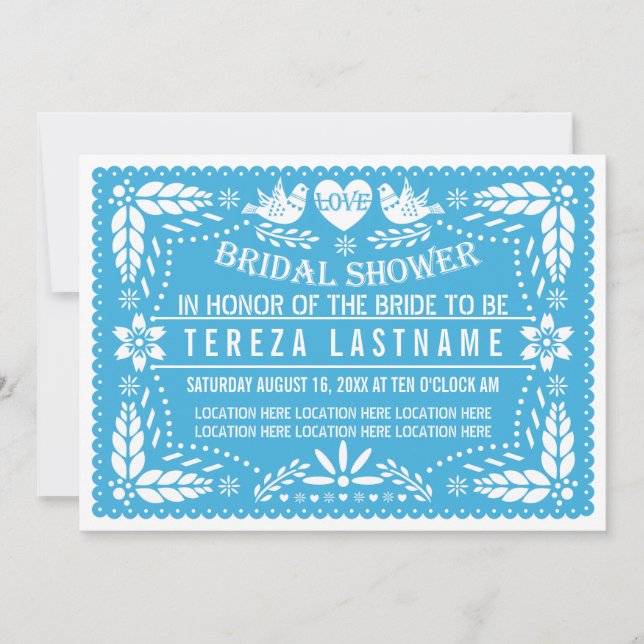 Papel picado love birds blue wedding bridal shower invitation (Front)