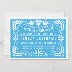 Papel picado love birds blue wedding bridal shower invitation