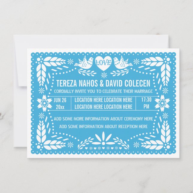 Papel picado love birds blue wedding invitation (Front)