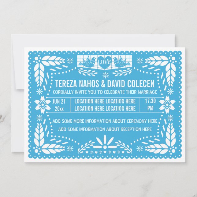 Papel picado love birds blue wedding invitation (Front)