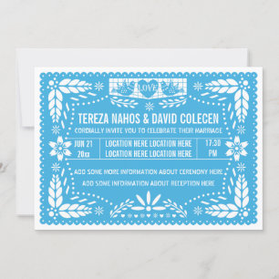 Papel picado love birds blue wedding invitation