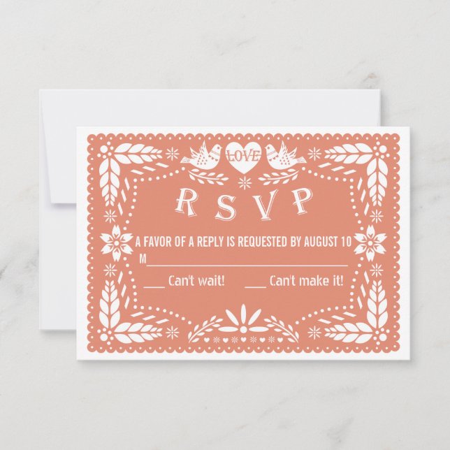 Papel picado love birds coral peach wedding RSVP Card (Front)