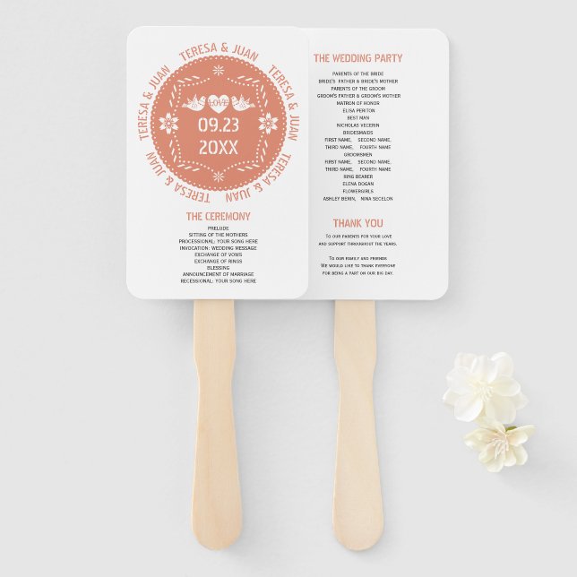 Papel picado love birds coral wedding program hand fan (Front and Back)