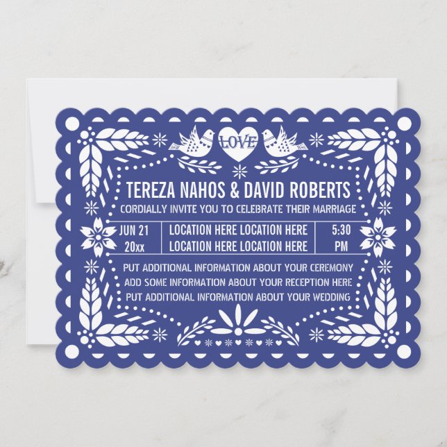 Papel picado love birds dark blue fiesta wedding invitation (Front)