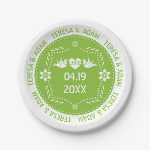 Papel picado love birds green Mexican wedding Paper Plate