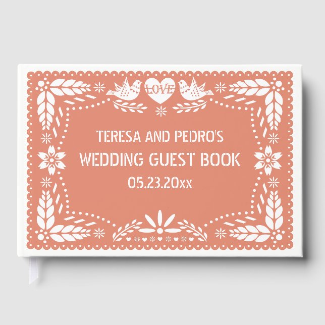 Papel picado love birds peach wedding guest book (Front)