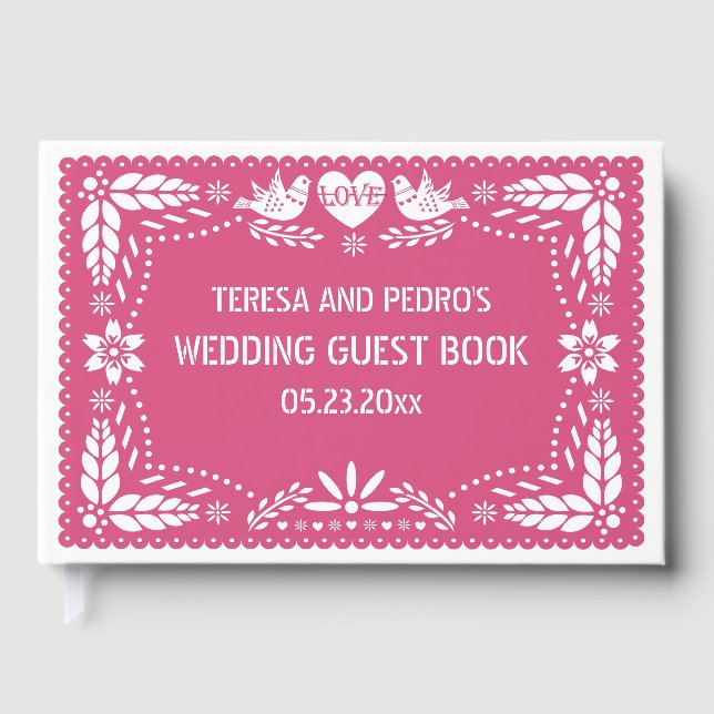 Papel picado love birds pink wedding guest book (Front)