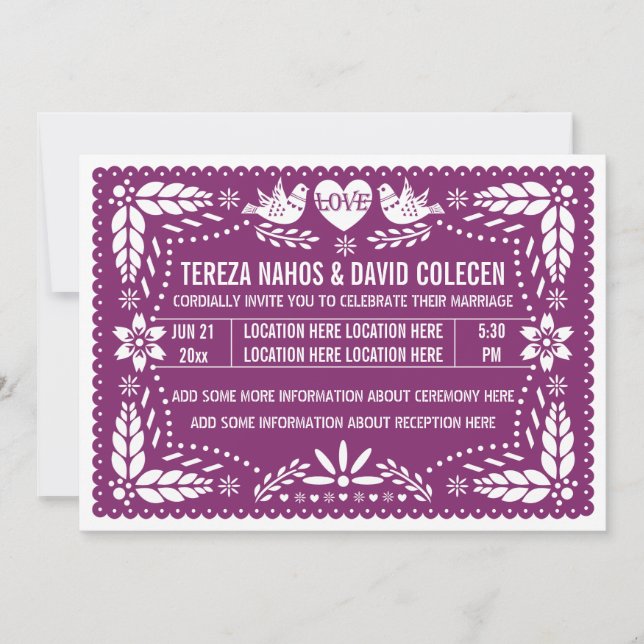 Papel picado love birds purple wedding invitation (Front)