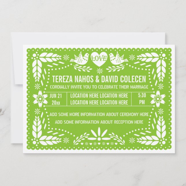 Papel picado love birds spring lime green wedding invitation (Front)