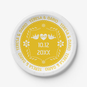 Papel picado love birds yellow Mexican wedding Paper Plate