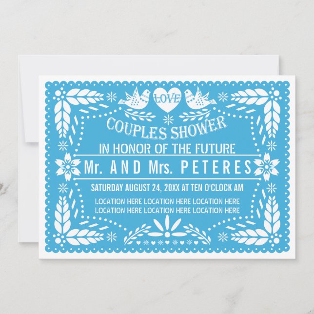 Papel picado lovebirds blue wedding couples shower invitation (Front)