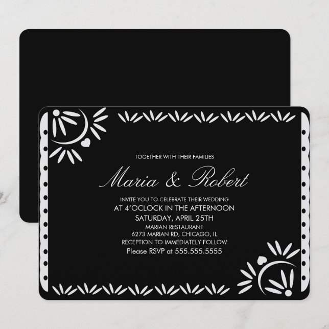 Papel Picado Mexican Botanical Wedding Black Invitation (Front/Back)