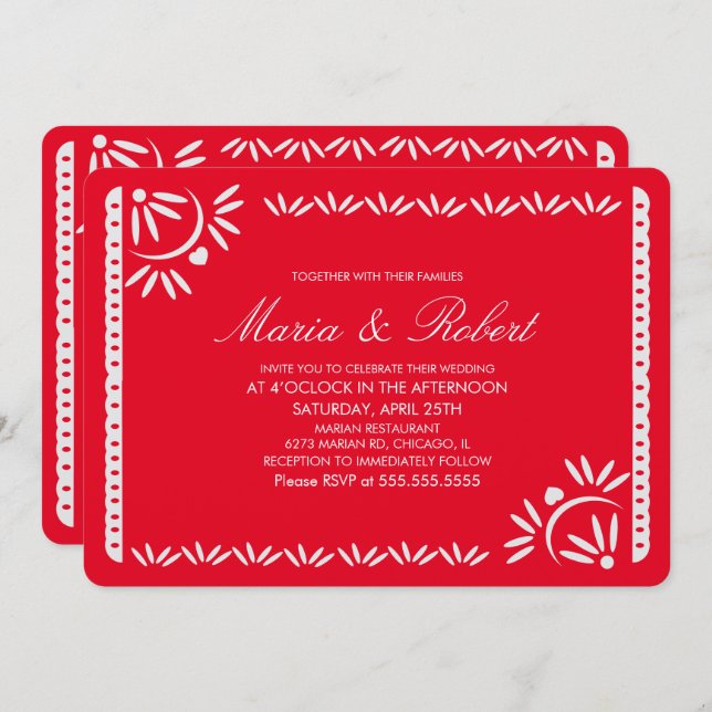 Papel Picado Mexican Botanical Wedding Red Kraft Invitation (Front/Back)