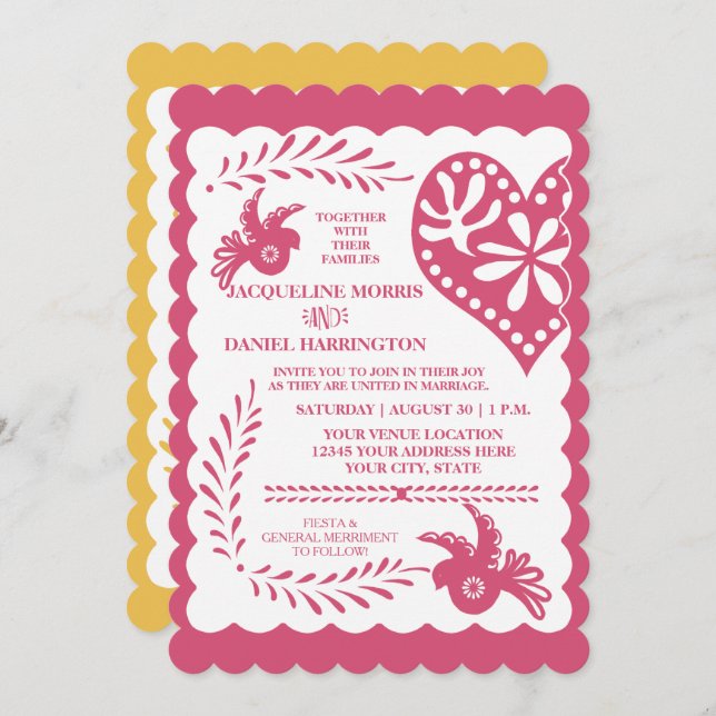 Papel Picado Mexican Fiesta Pink Yellow Wedding  Invitation (Front/Back)
