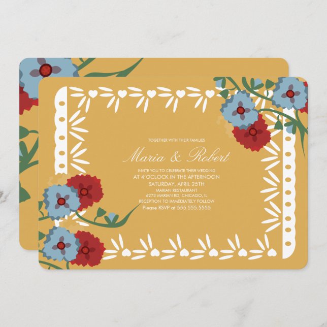Papel Picado Mexico Botanical Floral Fiesta Yellow Invitation (Front/Back)