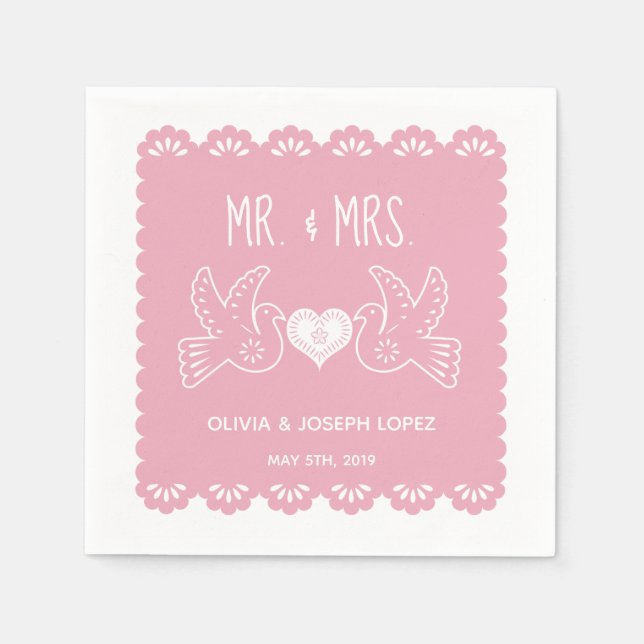 Papel Picado Pink Love Birds Wedding Fiesta Napkin (Front)