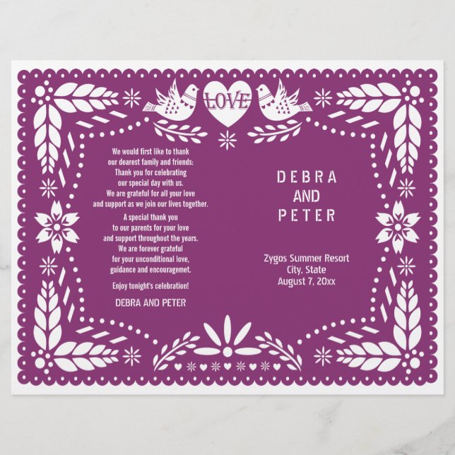 Papel Picado purple wedding fiesta folded program (Front)