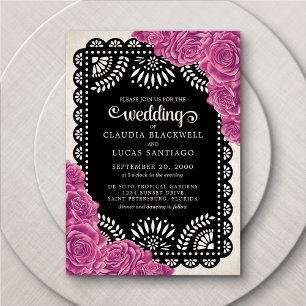 Papel Picado Roses Pink Black Wedding Invitation