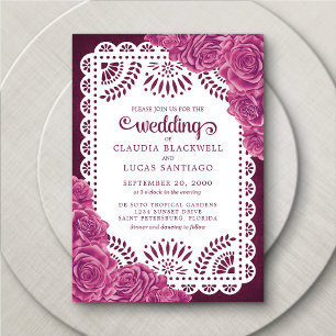 Papel Picado Roses Pink Burgundy Wedding Invitation