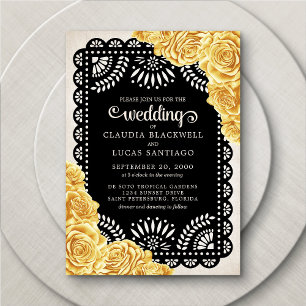 Papel Picado Roses Yellow Black Wedding Invitation