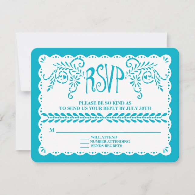 Papel Picado RSVP Blue Pool Fiesta Wedding Banner Card (Front)