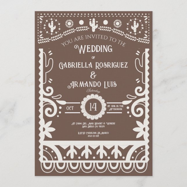 Papel Picado Rustic Brown & White Wedding  Invitation (Front)