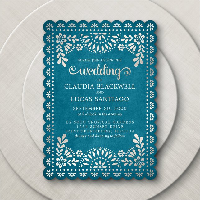 Papel Picado Teal Wedding Invitation (Creator Uploaded)